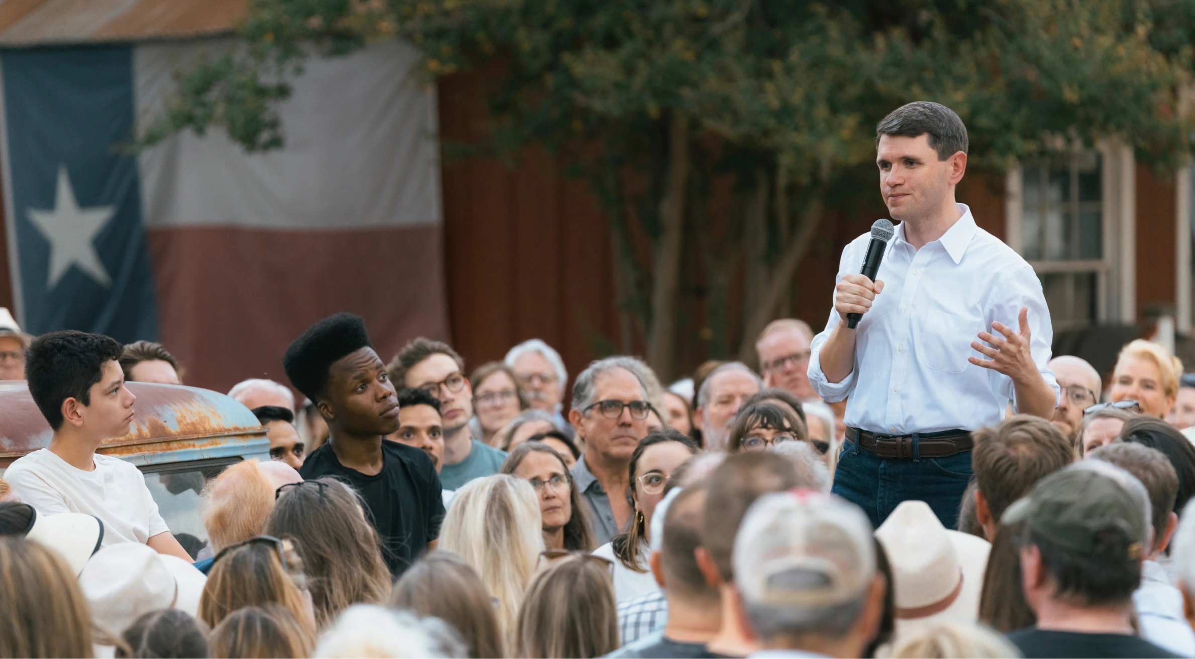 photo of James Talarico speaking to a crowd in Texas